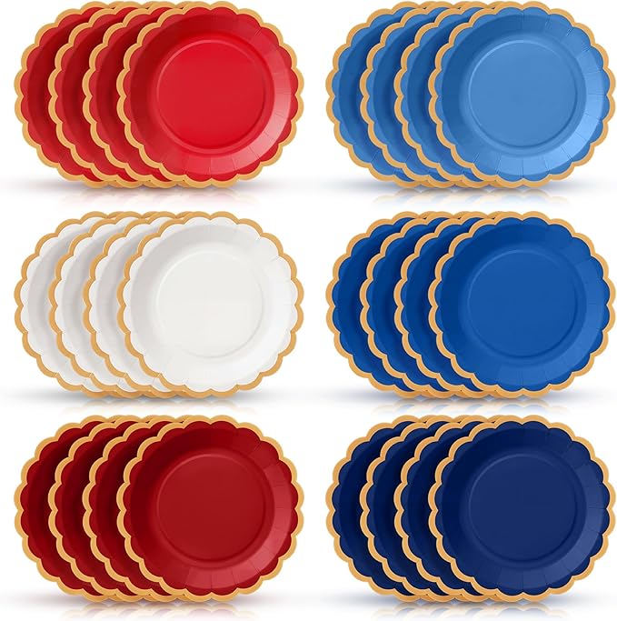 48 Pcs 4th of July Paper Plates 9 Inch red white and blue Scalloped Paper Disposable Dinner Dessert Plates for Birthday Wedding Bridal Party Supplies, 6 Colors