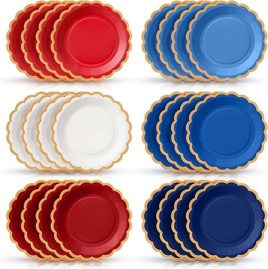 48 Pcs 4th of July Paper Plates 9 Inch red white and blue Scalloped Paper Disposable Dinner Dessert Plates for Birthday Wedding Bridal Party Supplies, 6 Colors