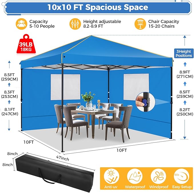 COBIZI 10x10 Pop Up Canopy Tent with Sidewalls and Roll-up Ventilated Windows with Mosquito net, Ez Outdoor Commercial Instant Gazebo Tent for Party Waterproof with Carrybag