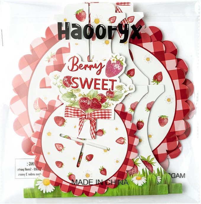 Haooryx Strawberry Cupcake Stand - 3 Tier Berry Sweet Red Plaid Cupcake Tower Cardboard Dessert Holder Pastry Platter for Baby Shower Girls Birthday Spring Summer Holiday Party Table Decoration Supply