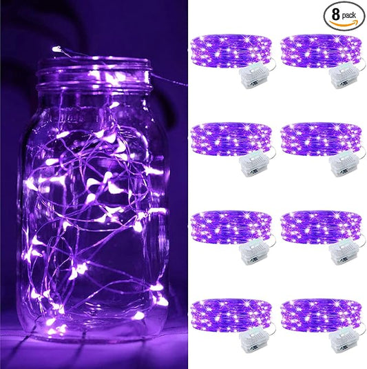 8 Pack Fairy Lights Battery Operated, 7FT 20 Mini LED Silver Wire Twinkle Lights for DIY, Parties, Wedding, Bedroom, Christmas Decoration (Purple)