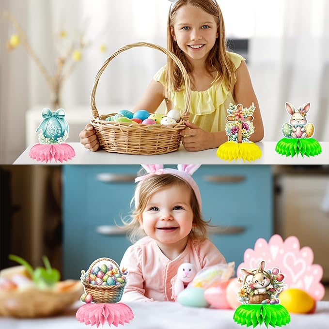 Easter Honeycomb Table Centerpieces, 9 Pack Cute Rabbit Retro Easter Eggs Adorable Chick Honeycomb Centerpieces for Happy Easter Hunt Party Decorations Birthday Baby Shower Spring Party Favors
