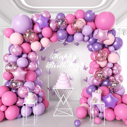 182Pcs Pink and Purple Balloon Garland Arch Kit - Butterfly Baby Shower Decorations Lavender Purple Dusty Pink Balloons for Women Birthday Bridal Shower Wedding Singer Party Decoration Supplies