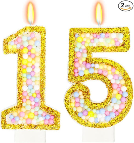 15th Birthday Candle for Cake, Colorful Macaron Numeral Candles for Girls/Boys, Birthday Party Cake Decorations, Golden Cake Topper for Birthday Party Supplies (Number 15)