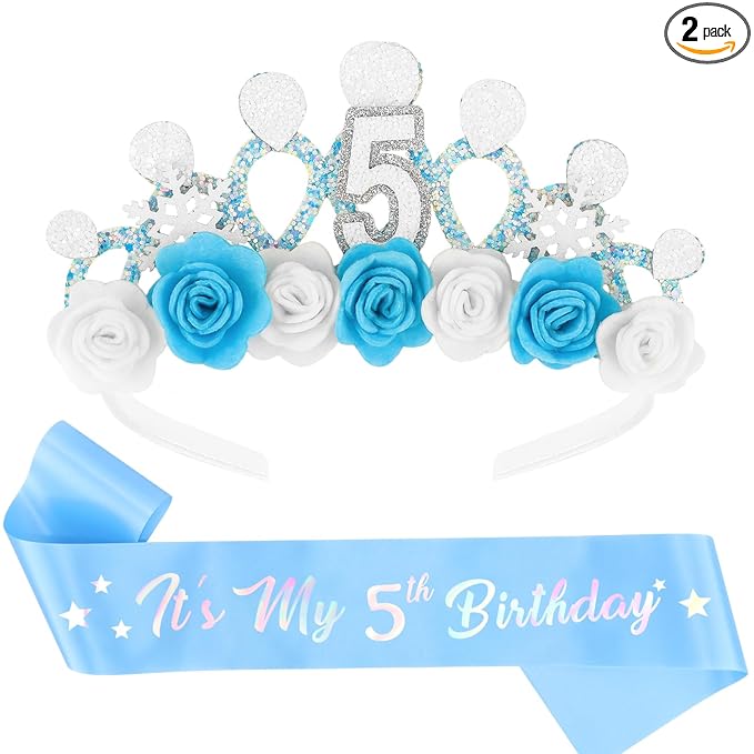 CUBACO 5th Birthday Crown Headband and Sash, 5 Year Old Girl Birthday Gift Ideas for Blue Princess Crown, Frozen Party Decorations Favors for Girls Outfit