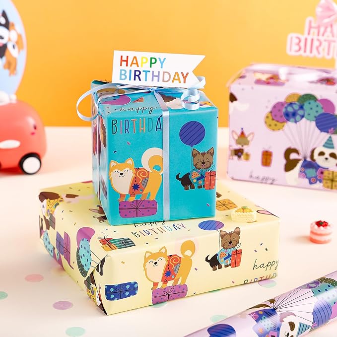 WRAPAHOLIC Dog Wrapping Paper Roll - 3 Short Roll - Birthday Puppy Dog Wrapping Paper for Kids Boys Girls Birthday, Pets Lover - 17 Inch x 120 Inch Per roll