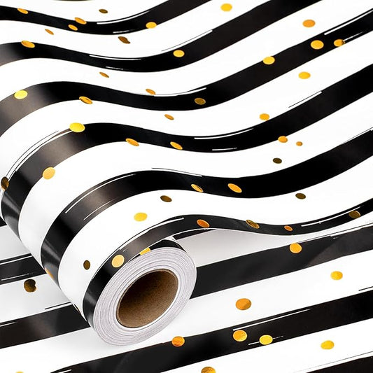 MAYPLUSS Stripe Wrapping Paper, Black and White Striped Wrapping Paper, Chic Black & White Stripes with Gold Speckles Birthday Gift Wrap for Father's Day, Graduations, Christmas (17 Inch X 33 Feet)