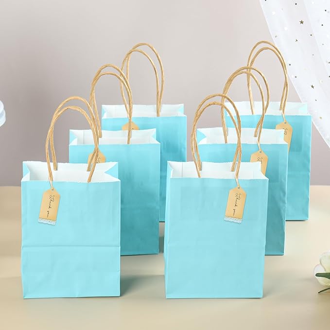 DjinnGlory 60 Pack Tiny Mini Small Blue Paper Gift Bags with Handles 6.3 x 4.7 x 2.75 Inch for Birthday Wedding Baby Shower Party Favors Goodies, Business Merchandise Shopping Kraft Bags