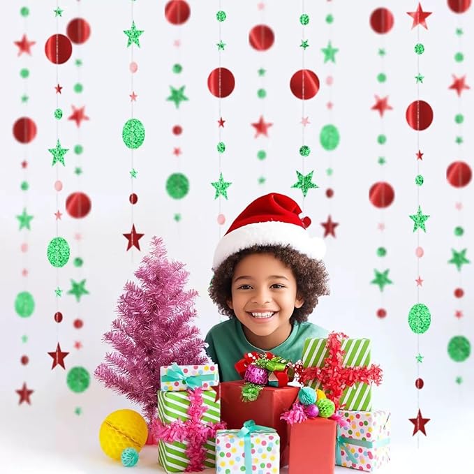 Red and Green Party Decoration Red and Green Star Circle Dot Hanging Garland Streamer Decorations Glitter Star Bunting Banner Twinkle Backdrop for Christmas Engagement Wedding Baby Shower Birthday