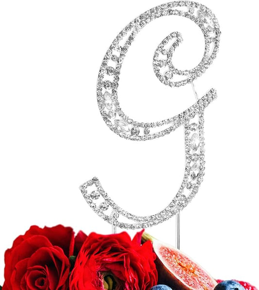 LINGPAR Letter G Cake Topper Rhinestone Crystal Silver Letter for Wedding or Anniversary Birthday Party Decoration Supplies