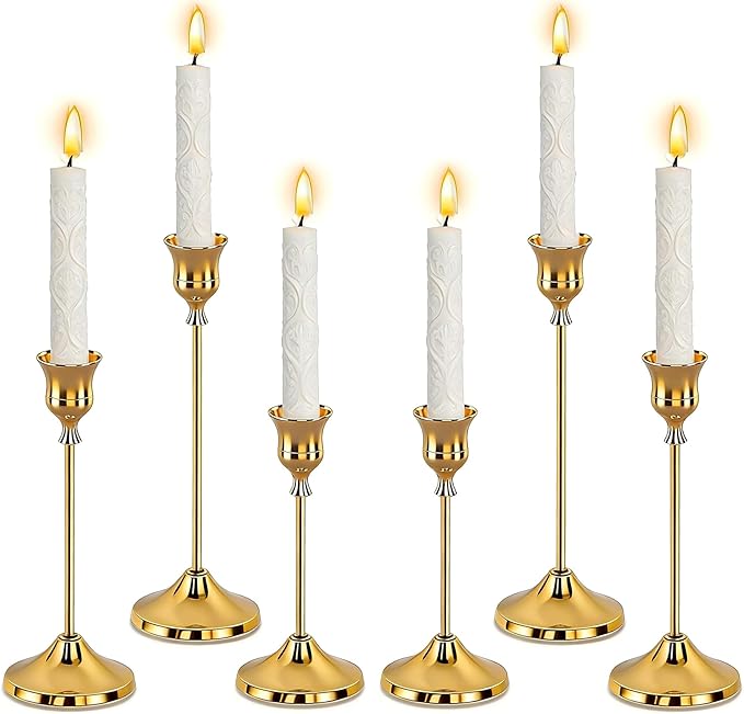 SHDSL Gold Candlestick Holders, Taper Candle Holders, Set of 6, Metal Taper Candle Stick Holders, Vintage Christmas Brass Home Decor for Table, Room Decorations Housewarming