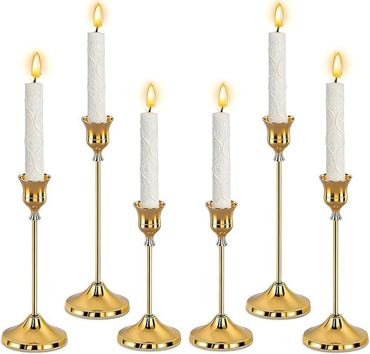 SHDSL Gold Candlestick Holders, Taper Candle Holders, Set of 6, Metal Taper Candle Stick Holders, Vintage Christmas Brass Home Decor for Table, Room Decorations Housewarming