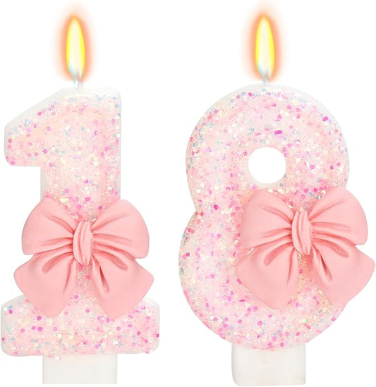 Birthday Candle for Cake, Pink Bow Number Cake Candles, 2.76 inch Number Happy Birthday Candle, Cake Topper Decoration for Birthday Party (Number 18)
