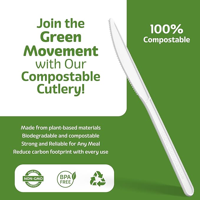 Elegant Disposables 100% Compostable PLA Knives Bulk Pack 400 Pcs Biodegradable Disposable Plastic Cutlery Utensils