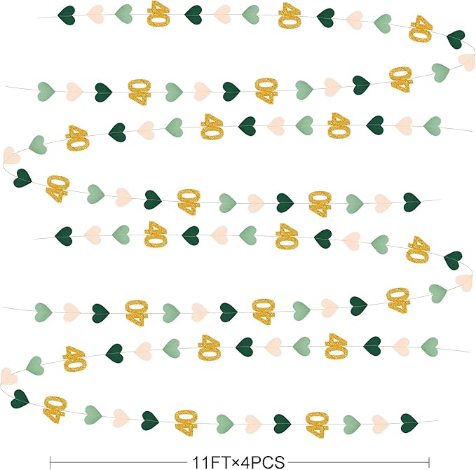 Sage Green Gold 40th Birthday Decorations Sage Green Gold Heart Garland Streamer Banner Backdrop for Women Happy 40th Birthday Vintage 1986 Cheers to 40 Years Old Fabulous Anniversary Party Supplies