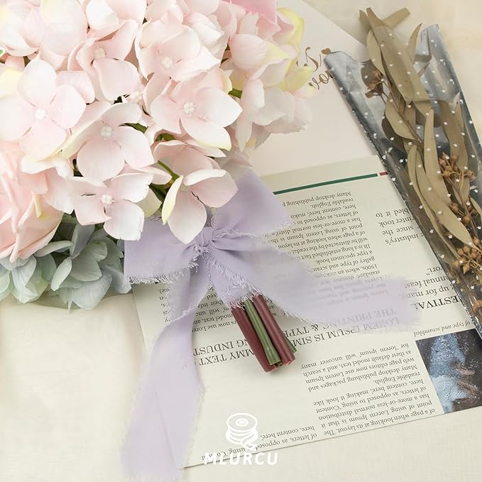 Misty Lilac Chiffon Ribbon - 1.5 Inch x 21 Yards, Boho Frayed Fringe Silk Ribbon for Gift Wrapping, Wedding Invitations, Bridal Flower Bouquets
