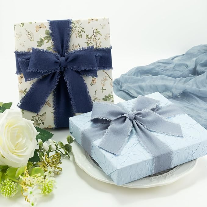 Dark Blue Cotton Ribbon 1-1/2 Inch Navy Blue, Dusty Blue & Baby Blue 3 Rolls 21 Yards Frayed Edge Fabric Set for Formal Wedding Decor, Graduation Party, Father's Day, Gift Wrapping & DIY Crafts
