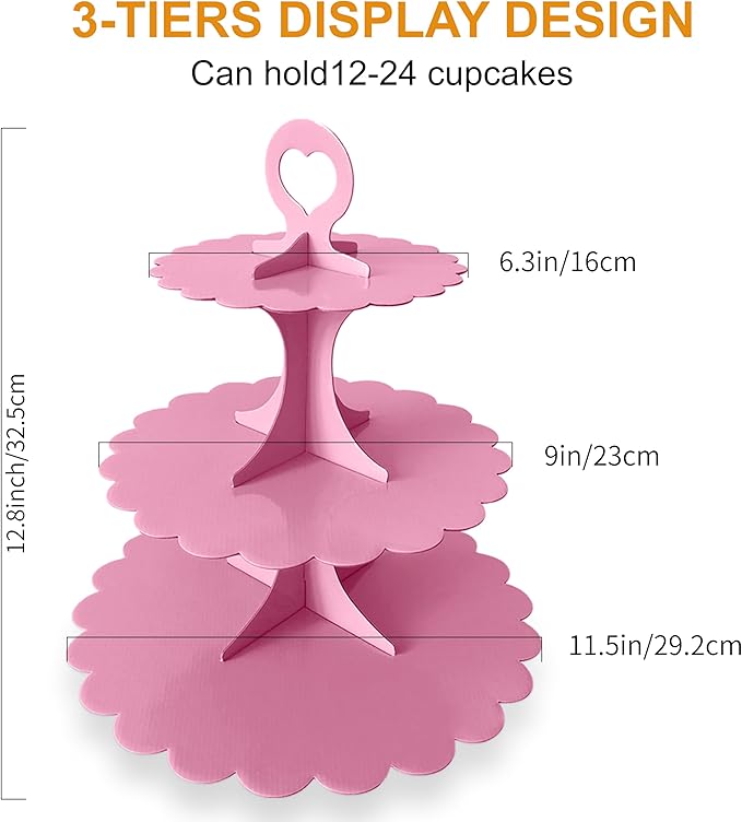 3-Tier Pink Cupcake Stand, Heart Handle Dessert Display Tower, Perfect for Girl Birthday Baby Shower Small Parties, Easy Assembly (1-Pack) ﻿