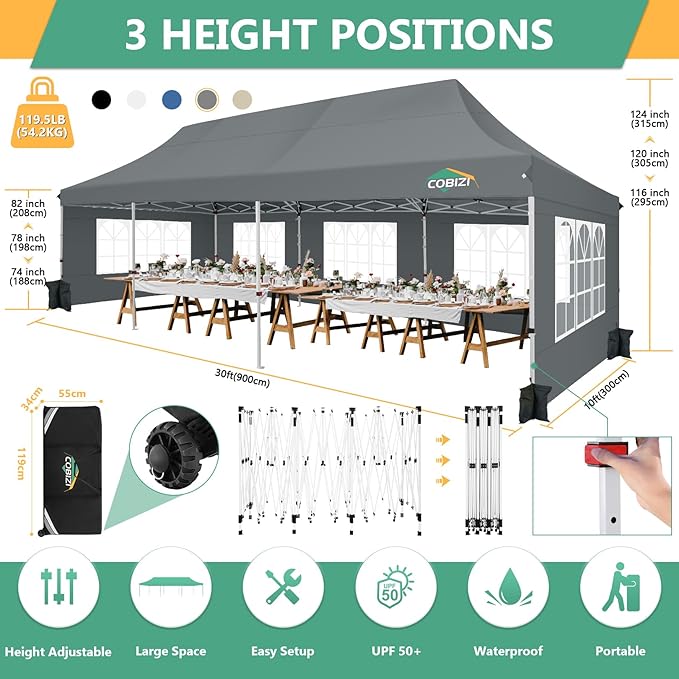 COBIZI 10x30 Pop Up Canopy with 8 Removable Sidewalls Party Tents for Parties Wedding Patio Commercial Waterproof and UV50+ Ez Outdoor Instant Gazebo with Roller Bag & 4 Sandbags（Slate Grey）