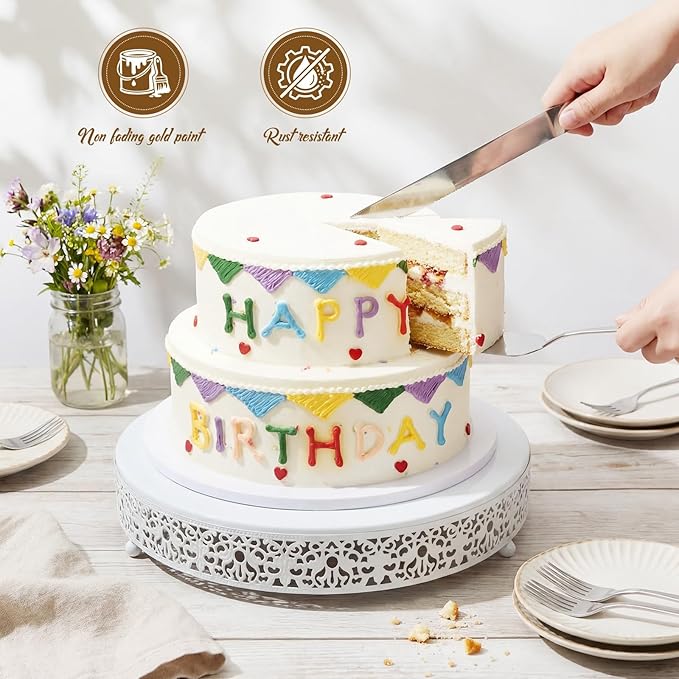 Wenqik 14 Inch White Cake Stand Set Metal Round Cupcake Dessert Stand with Cake Cutting, Spatula Wedding Cupcake Pastry Display Candy Holder Display for Wedding Party Birthday Baby Shower(Classic)