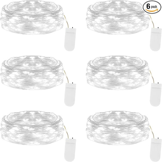 Lakumu 6-Pack Fairy Lights, 7FT 20 LED Battery Operated String Lights, Waterproof Silver Wire Firefly Lights, Cool White for Mason Jars DIY Bedroom Wedding Party Centerpiece Table Decor