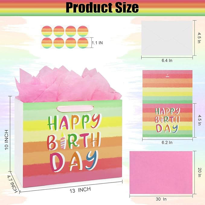 Oletx 13" Rainbow Gift Bags Happy Birthday Party Favor Paper Bags Set with Tissue Paper Greeting Card for Women' Birthday Party, Wedding, Anniversaries, Mother's Day