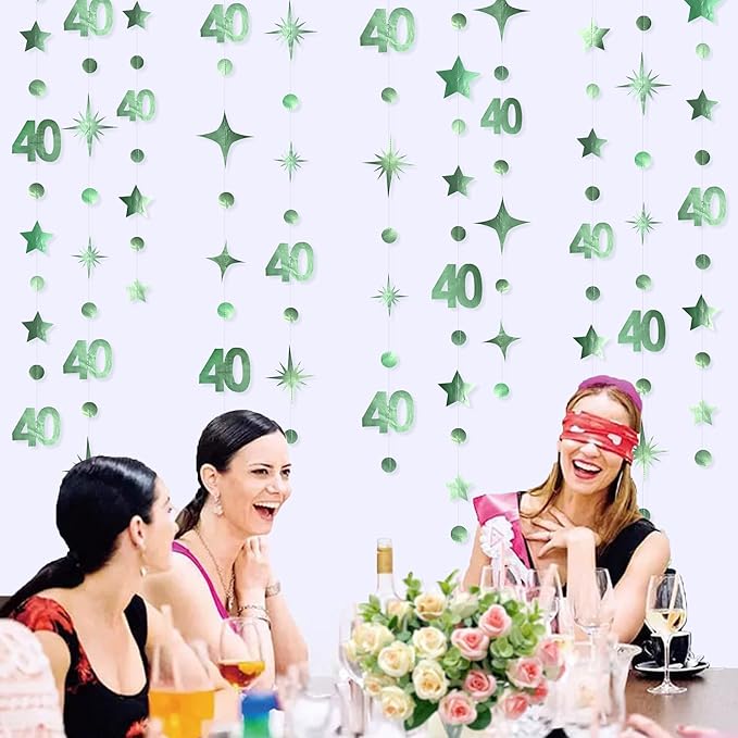 Sage Green 40th Birthday Decorations Number 40 Circle Dot Twinkle Star Garland Metallic Streamer Banner Backdrop for Women Mens Cheers to 40 Years Old Birthday Happy 40th Anniversary Party Supplies