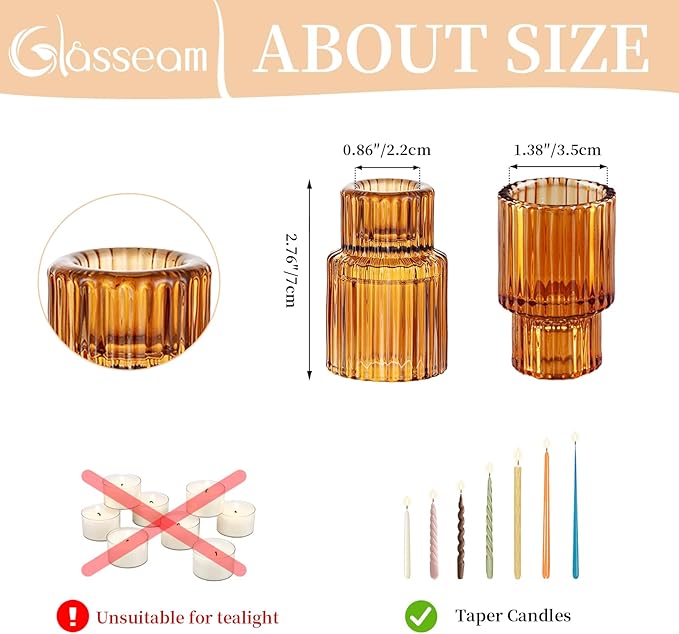 Glasseam Glass Candle Holder for Candlesticks: 20PCS Amber Candle Holders for Taper Candles Small Fall Candle Stick Holders Bulk for Table Wedding Centerpiece Christmas Halloween Living Room Decor