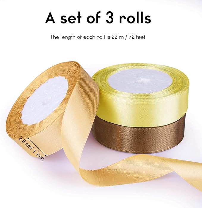 ASTARON Gold Brown Satin Ribbon for Wedding Bouquet DIY Crafts 1 Inch, Solid Color Fabric Ribbon for Gift Wrapping Christmas Gift Bows Hair Bows Silk Ribbon for Bouquets Baby Shower Decor