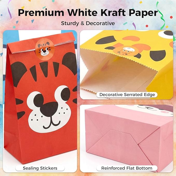 VGOODALL 24 Pack Party Favor Bags with Stickers, 4.7"x 3.1"x 8.7" Animal Paper Treat Bags for Kids Birthdays Classroom Rewards Goodie Gift Supplies