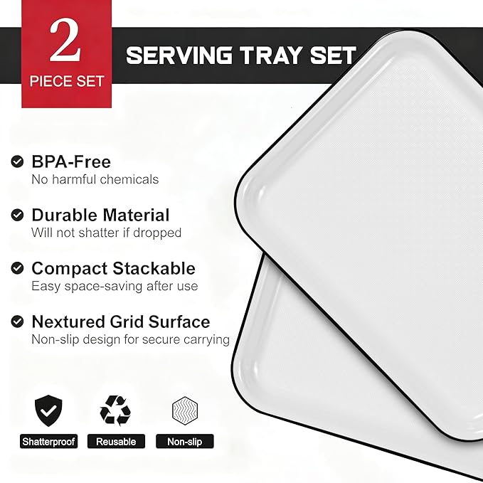 2pcs Melamine Serving Trays Set Two Tone 14.5" x 11" Large White Black Reusable Serving Platters for Cookie, Appetizer, Snack, Dessert, Party Food Display, Rectangular Party Trays and Platters