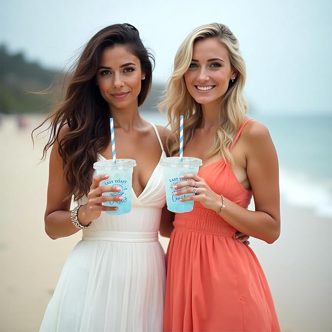 Whaline 50Pcs 12Oz Last Toast on The Coast Disposable Plastic Cups with Lids and Straws Blue Coastal Bachelorette Cold Beverage Drinking Cup for Beach Wedding Bridal Shower