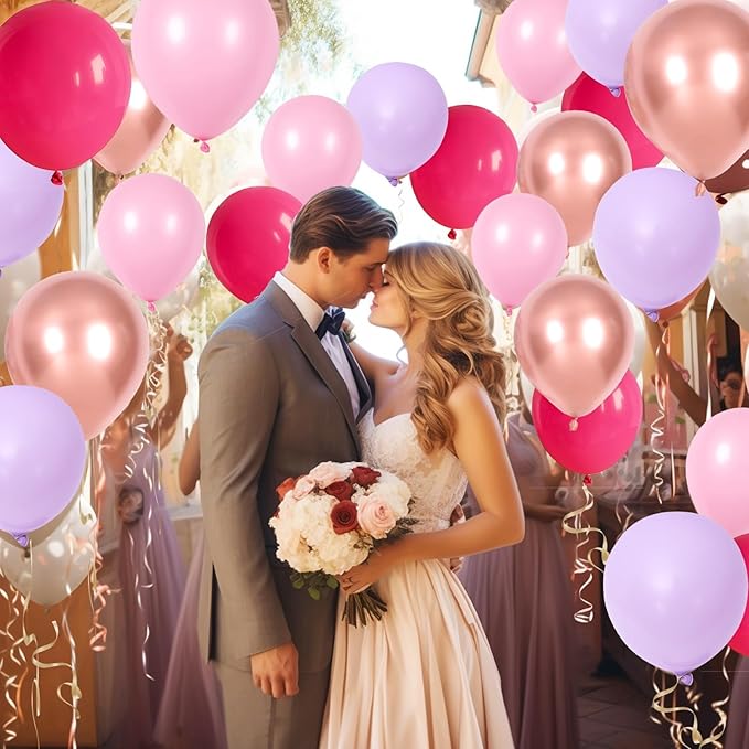 Pink and Purple Balloon Set, 60Pcs Hot Pink Lilac Lavender Balloon with Metallic Rose Gold Balloons, Purple Pinks Rose Red Latex Balloons for Girl Mermaid Butterfly Birthday Party Decorations