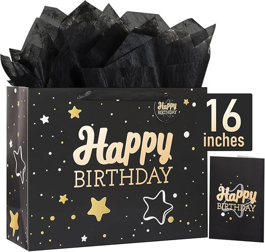 16" Black Happy Birthday Gift Bag with Tissue Paper and Greeting Card for Party,Happy Birthday Gift Bag for Men Women,Gift Bags Extra Large(1 PCS Black Hot Stamping)