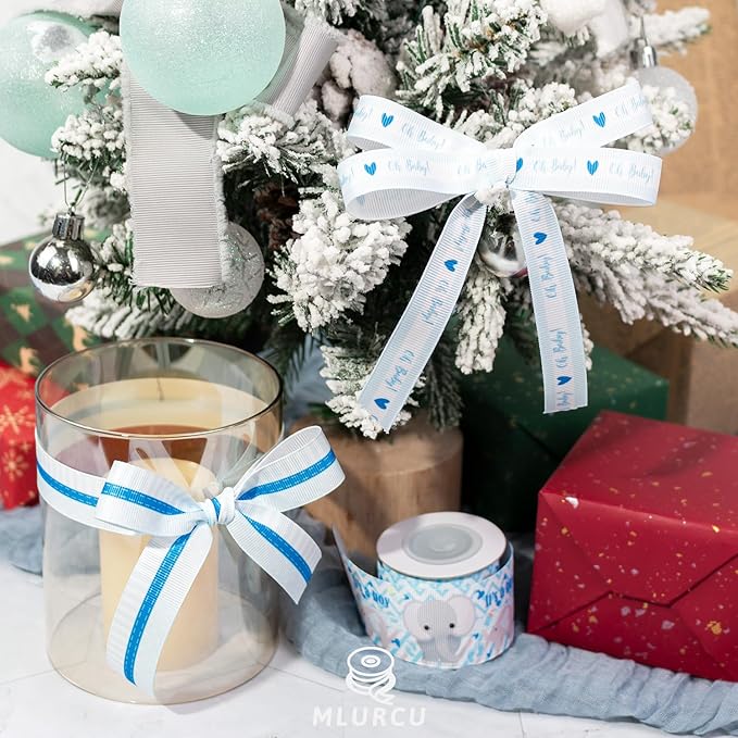 Baby Boy Ribbon 3 Rolls Grosgrain Ribbon Set 5/8", 7/8", 1.5" It's A Boy, Blue Striped Polka Dot Ribbons for Baby Shower, Gift Wrapping, Birthday Party, Diaper Cake Decorations, Hair Bows, Crafts