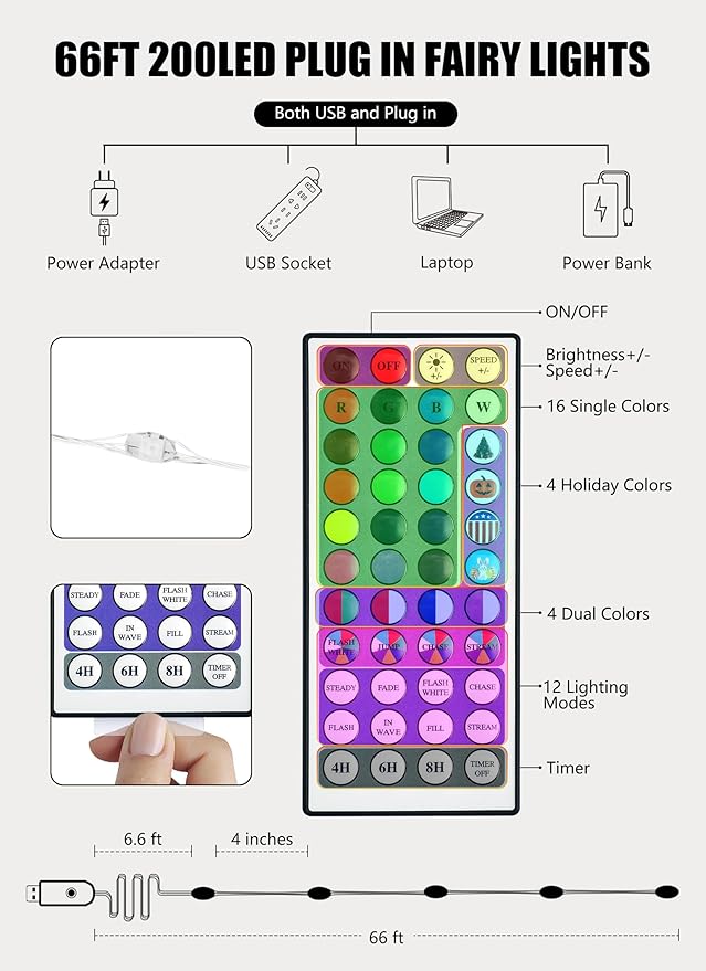 Minetom Upgraded Color Changing Fairy String Lights - 66 ft 200 LED 24 Colors USB Silver Wire Lights with Remote and Timer for DIY Bedroom Party Indoor Christmas Decoration, Adapter Included