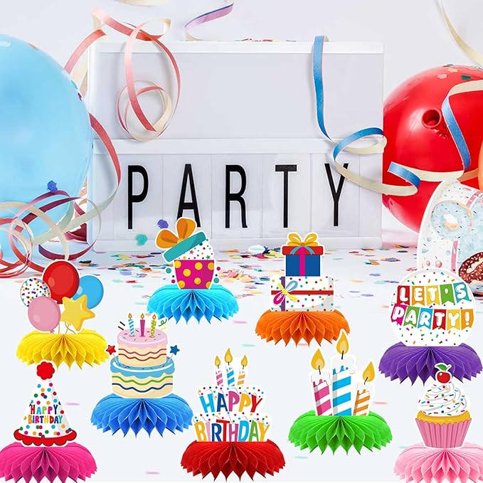 9 Pieces Happy Birthday Decorations Set,3D Table Toppers Double Sided Stand Cards ,Colorful Birthday Themed Honeycomb Centerpiece. (birthday)