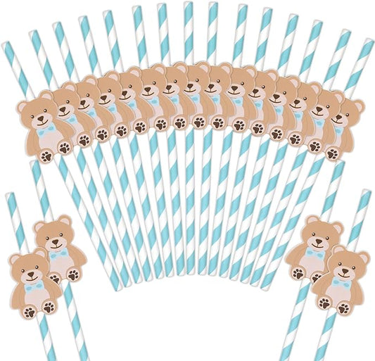 Whaline 60Pcs Bear Paper Straws Baby Shower Drinking Straws Blue Bear Stripe Disposable Straw for Birthday Baby Shower Party Supplies