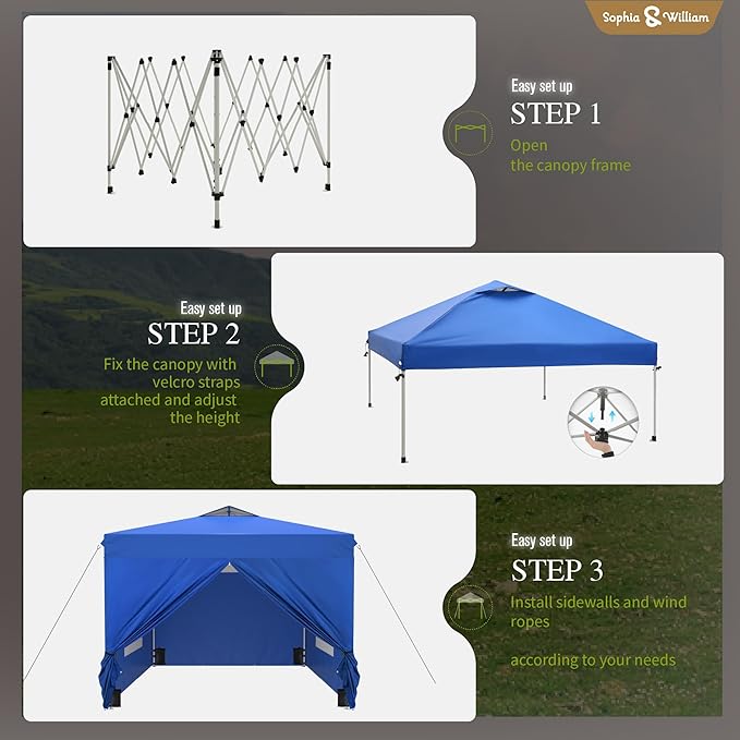 Sophia & William Canopy Tent Pop Up 10x10 ft One Person Push Set Up Canopies with 4 Sidewalls, Outdoor Shelter Heavy Duty Straight Legs with 4 Sandbags & 1 Roller Bag, 8 Stakes & 4 Guy Ropes, UPF50+