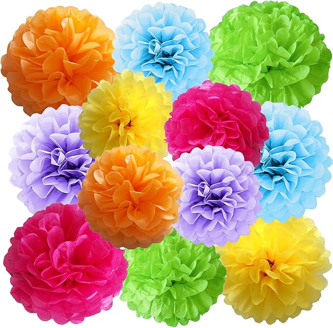 12 Pcs Tissue Paper Pom Poms Flowers for Birthday Party Mexican Party Fiesta Classroom Playroom Festive Decorations