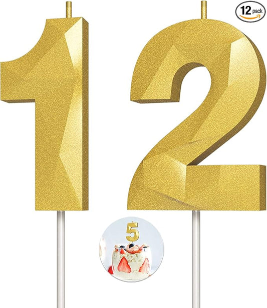 Number Birthday Candles(12 Candle Gold) 3D Diamond Shape Number Happy Birthday Cake Candles for Birthday Party Wedding Decoration Reunions Theme Party
