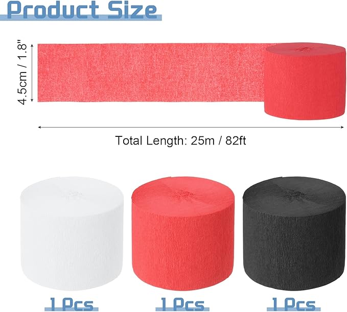 MECCANIXITY 3 Roll 246 ft Crepe Paper Streamers, Wedding Decoration Streamers Party Decoration for Wedding Valentine's Day Festival Backdrop, Red,White,Black