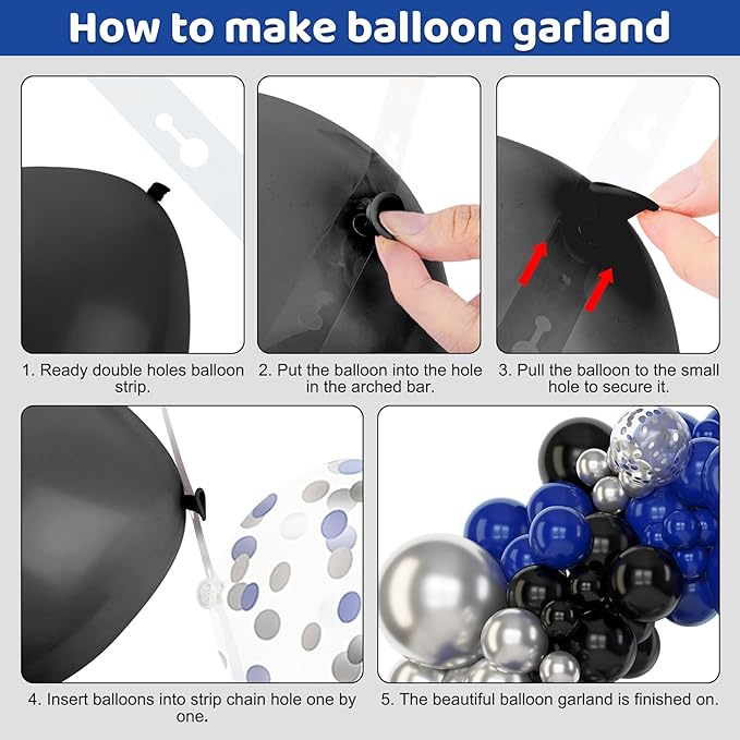 Amandir 153pcs Blue and Black Balloons Arch Garland Kit Different Sizes 18 12 10 5inch Metallic Silver Royal Dark Navy Blue Latex Confetti Graduation Balloon Birthday Space Retirement Party Supplies