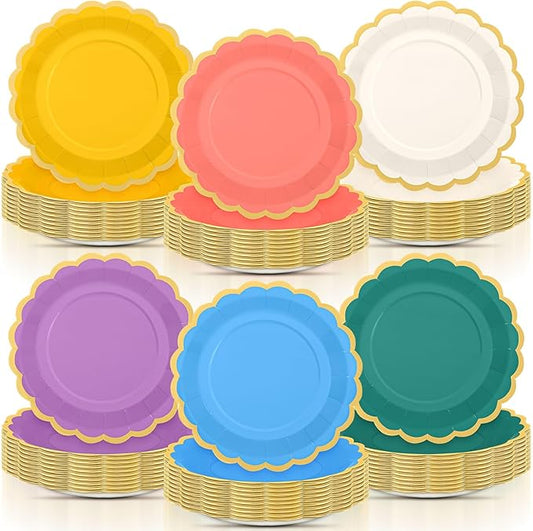 96 Pcs Boho Rainbow Paper Plates 9 Inch Colorful Scalloped Paper Plates Disposable Dinner Dessert for Birthday Wedding Bridal Party Supplies, 6 Colors