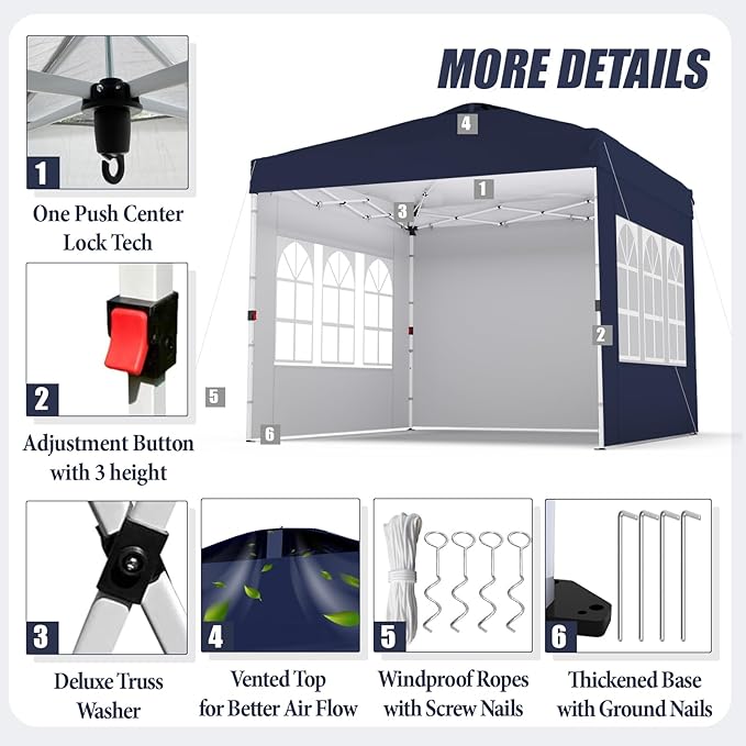 Shades 10x10 Pop Up Canopy with 3 Sidewalls & 4 Sandbags,Heavy Duty Beach Tent with Portable Bag,Sun Shelter for Parties,Events,Outdoor Gazebo with 420D Coated Waterproof Navy Blue Fabric