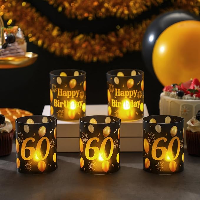10 Sets 60th Happy Birthday Centerpieces for Table Black and Gold Birthday Decorations Lantern Boxes with Tea Lights Candles Centerpieces for Men Women 60th Party Supplies