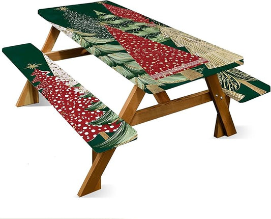 ANNA QUEEN 6FT Green Christmas Tree Picnic Table Cover Set 3PCS 72"x30", Waterproof Outdoor Bench and Tablecloth Furniture Protection for Camping Beach BBQ Patio Backyard