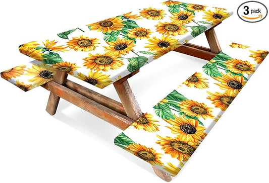 Boao 3 Pcs Vinyl Picnic Table Cover with Bench Cover 6 ft 30 x 72 Inch Waterproof Fitted Tablecloth Flannel Backing Rectangular Elastic Edged for Camping Outdoor Patio Travel(Sunflower)