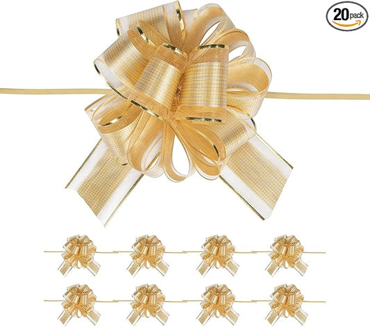 20 PCS Large Pull Bow Gift Wrapping Bows, Pull Bow with Ribbon for Wedding Gift Baskets, Party Gift Wrap Bows, Presents Decorating Bows (Gold)