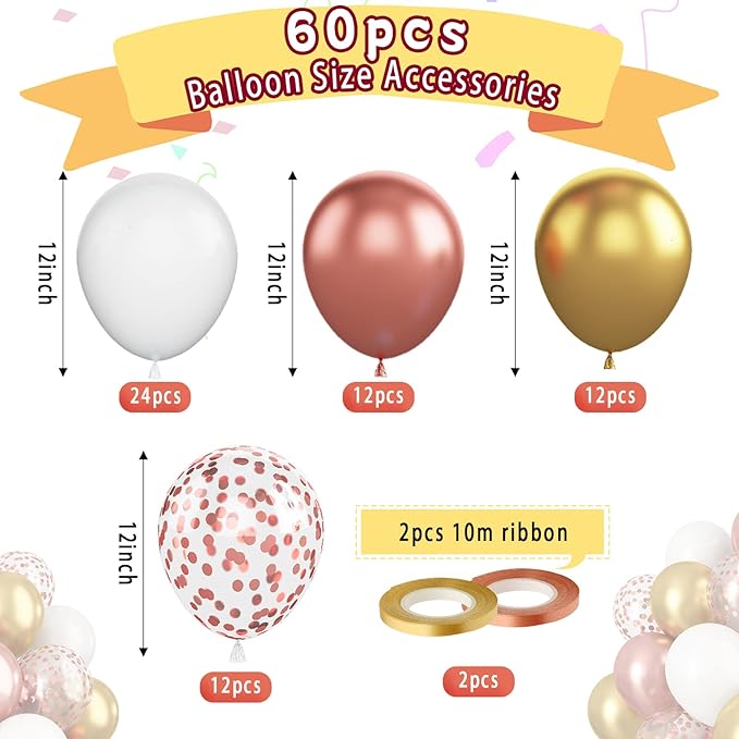 Paready Rose Gold and White Latex Balloons, 60 Pcs 12 Inch Metallic Gold Confetti Balloons with Ribbons for Birthday Party Baby Shower Anniversary Wedding Bridal Shower Graduation Decoration